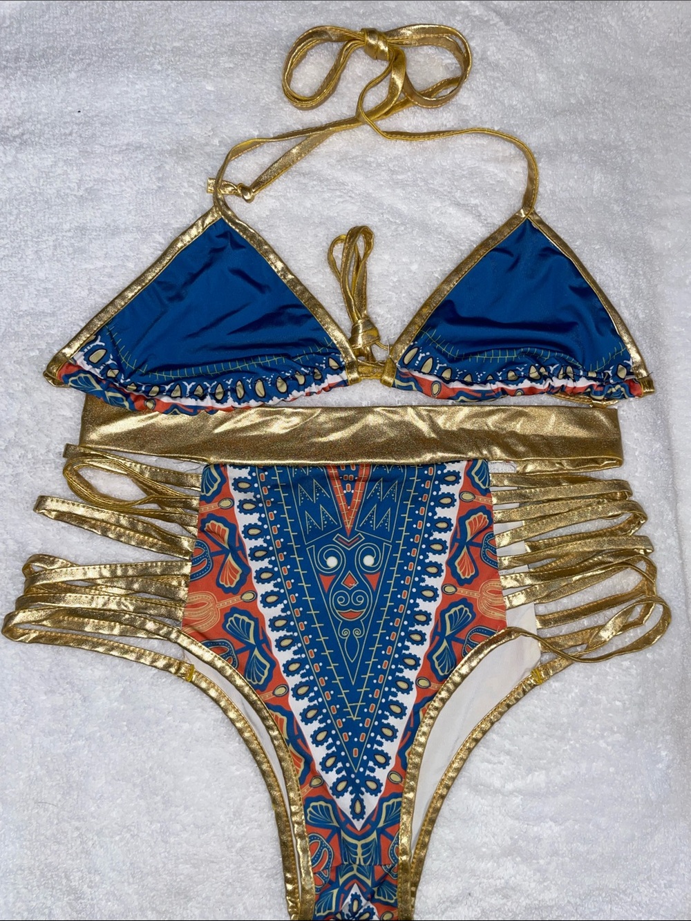 Gold-Trim Blue & Multicolor High-Waist Bikini Set